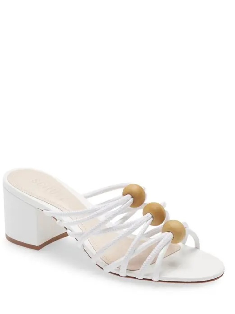 NWT SCHUTZ White Strappy Block Heel Mule with Wooden Bead Accents